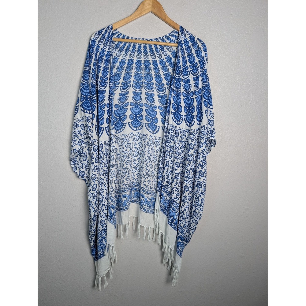 Kimono Tunic Blouse Womens One Size Blue Floral Tassel Fringe Rayon Boho Open